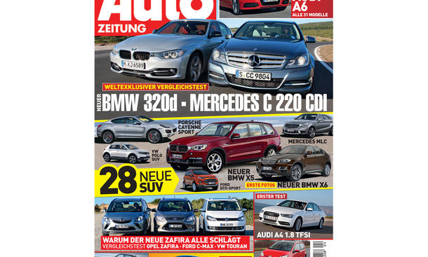 AUTO ZEITUNG 04/2012 - Weltexklusiver Vergleichstest: der neue BMW 320d gegen MercedesC 220 CDI. 28 neue SUV: VW Polo SUV, Porsche Cayenne Sport, neuer BMW X5 und erste Fotos vom neuen BMW X6. Ab Mittwoch, den 1. Februar, im Handel.
<< Zurüc AUTO ZEITUNG 04/2012
