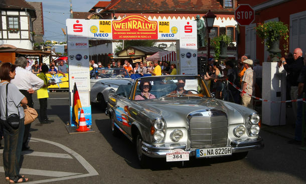 Weinrallye 2012 - Bad in der Menge: Unser Mercedes 250 SE Cabrio passt so gerade eben durch das Starttor in Maikammer Weinrallye 2012 Oldtimer Auto-Klassiker Youngtimer Deutsche Weinstraße