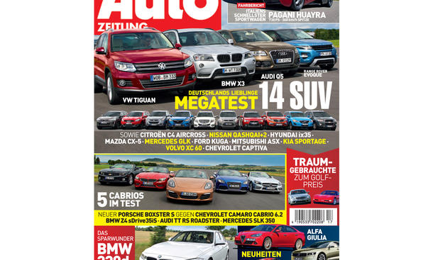 AUTO ZEITUNG 17/2012 - Deutschlands Lieblinge: 14 SUV im Mega-Test – VW Tiguan, BMW X3, Audi Q5 und viele mehr. Italiens schnellster Sportwagen im Fahrbericht: Pagani Huayra – 730 PS - 360 km/h Spitze. Ab Mittwoch, den 1. August, im Handel
<< Zur AUTO ZEITUNG 17/2012