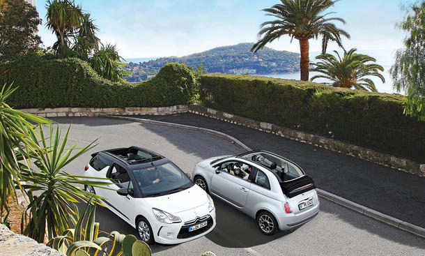 Cabrio-Kleinwagen: Citroën DS3 Cabrio vs. Fiat 500C - Nach langem Warten ist der Frühling da. Der französische Autobauer Citroën will es wissen und schickt das DS3 Cabrio ins Rennen. Vergleich gegen den offenen Fiat 500 Vergleich Kleinwagen Cabrios Citroën DS3 Cabrio VTi 82 Fiat 500C 0.9 8V TwinAir