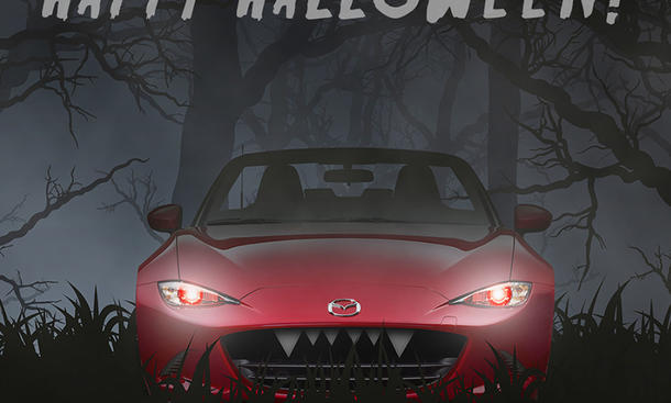 Bloß nicht erschrecken! - Gruselige Grüße vom neuen Mazda MX-5. Halloween 2014 Autos Pumpkin Kuerbis Bilder Fotos Hersteller 0002