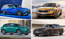 Die besten Dienstwagen als Collage aus Mercedes C-Klasse T-Modell, Skoda Octavia Combi, Alfa Romeo Tonale und Audi A6 Avant.