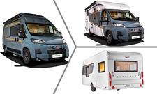 Das Bild zeigt drei B66-Sondermodelle von Bürstner: Auf der linken Seite ist der Campervan statisch von schräg vorne links zu sehen, die rechte Bildhälfte ist horizontal geteilt. Oben ist der Teilintegrierte statisch zu sehen, unten der Caravan.