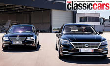 Der VW Phaeton/VW Phaeton D2 fahrend von vorne fotografiert.