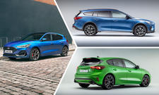 Eine Collage zeigt die Facelift-Varianten von Ford Focus, Focus Turnier und Focus ST.
