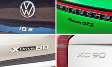 Autonamen: Symbolbild zeigt Typenschilder von VW ID.3 (oben links), Porsche Macan GTS (oben rechts), Volvo XC90 (unten rechts) und BMW xDrive60.