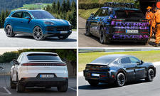 Collage zeigt den Porsche Cayenne Verbrenner als SUV und SUV-Coupé sowie den Porsche Cayenne Elektro als SUV und SUV Coupé.