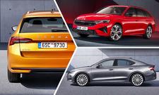 Skoda Octavia Facelift (2024) als Combi (links), RS (rechts oben) und Limousine (rechts unten).