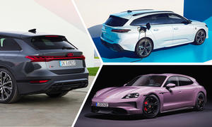 Eine Collage zeigt die Elektro-Kombis Audi A6 Avant e-tron, Peugeot e-308 SW und Porsche Taycan Sport Turismo.