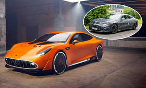 Eine Collage zeigt die Studie Mercedes Concept AMG GT XX (2025) und das getarnte Serienmodell.