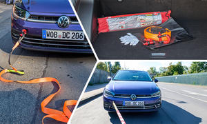 Collage von Abschleppstange und Abschleppseil im Test, mit einem VW Polo als Testwagen.