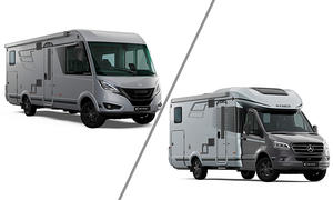Das Bild zeigt die beiden Modelle der Hymer B-Klasse Modern Comfort (2025). Links ist das vollintegrierte Modell zu sehen, rechts das teilintegrierte.