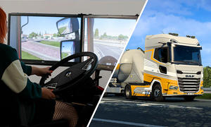 Das Bild zeigt auf der linken Seite eine Person an einem PC-Lenkrad-Setup für Lkw-Simulationsspiele und auf der rechten Seite einen Screenshot aus dem Spiel "Euro Truck Simulator 2"