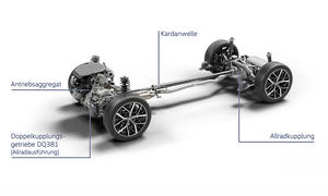 Eine Illustration zeigt den Allradantrieb des VW Tayron ohne Aufbau.