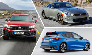 Auslaufmodelle 2025/2026: Symbolbild zeigt VW Touareg (links), Nissan GT-R (oben rechts) und Ford Focus.