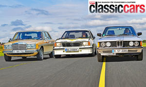 Mercedes W123 230 E, Opel Ascona 400 und BMW 323i (E21) fahrend von vorne