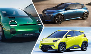 Collage aus Renault Twingo, Lancia Ypsilon und BYD Dolphin Surf als kommende günstige Elektroautos.