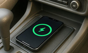 Das Bild zeigt ein Mobiltelefon, das auf einer Ladematte in der Mittelkonsole eines Autos liegt und kabellos auflädt.