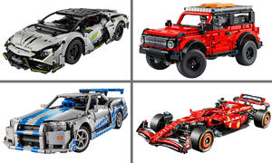 Das Bild zeigt vier Lego Technic-Neuheiten aus dem Jahr 2025. Oben sind Lamborghini Revuelto (links) und Ford Bronco (rechts) zu sehen, unten Nissan Skyline GT-R (links) und der Ferrari F1-Rennwagen (rechts).
