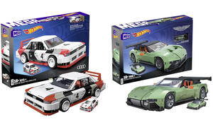 Das Bild zeigt zwei Modelle der "Mega Hot Wheels"-Serie von Mattel.