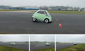 Micro Microlino beim AUTO ZEITUNG-Bremstest: Bilder zeigen, wie das Microcar beim Bremsen fast umkippt.