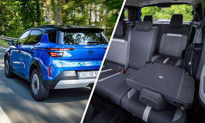 Opel Frontera Hybrid als Siebensitzer: Collage zeigt das Auto auf der Landstraße von schräg hinten und den Fond mit den Sitzreihen zwei und drei.