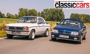 Opel Kadett C Aero/Opel Kadett E GSi Cabrio fahrend von schräg vorne fotografiert. 