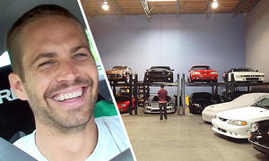 Paul Walkers Autosammlung: Collage zeigt Paul Walker bei der Fahrt eines Nissan GT-R sowie die Garage mit Privatfahrzeugen des Fast-&-Furious-Schauspielers.