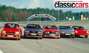 Der Renault 5 Turbo/Audi Quattro/Alpina B6 2.8/Porsche 924 Turbo/Porsche 911 SC statisch von schräg vorne fotografiert.