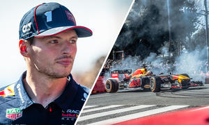 Eine Collage zeigt Max Verstappens Gesicht und Verstappen beim Shwo-Drift in seinem F1-Wagen.
