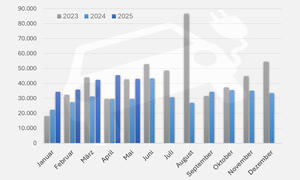 Zulassungszahlen E-Autos 2025, 2024 und 2023 als monatliche Statistik