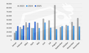 Zulassungszahlen E-Autos 2025, 2024 und 2023 als monatliche Statistik