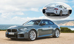 Eine Collage zeigt das BMW M2 Facelift (2024) und den M2 CS (2025).