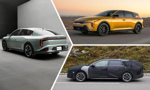 Eine Collage zeigt den Kia K4 (2025) als Limousine, Steilheck und Kombi.