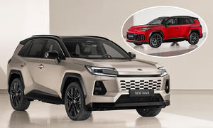 Toyota RAV4 im Studio von vorne rechts, eingeklingt oben rechts der Toyota RAV4 GR Sport (2026) von vorne links.