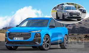 Eine Collage zeigt eine Computerillustration und ein Erlkönigfotos des Audi Q7 (2025).