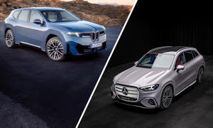 Eine Collage zeigt BMW iX3 und Mercedes GLC EQ von außen.