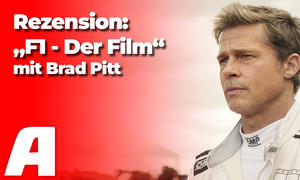 Eine Montage zeigt den Hauptdarsteller Brad Pitt und die Aufschrift "Rezension: F1 - Der Film".