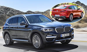 Eine Collage zeigt den BMW X3 (2017), der vor einem Bergpanorama fährt, und den X4 (2018).