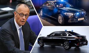 Bundeskanzler Friedrich Merz und seine zwei potentiellen Dienstwagen, ein BMW 760i Protection (unten) oder ein Mercedes S 680 Guard.