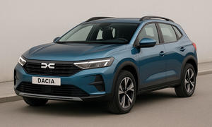 Eine Computerillustration zeigt den Dacia Logan-Nachfolger (2026) statisch von vorne links.