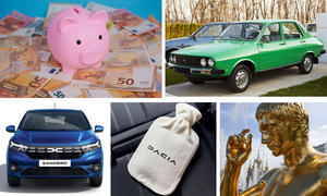 Eine Collage zeigt ein Sparschwein, alte und neue Dacia-Modelle, eine Dacia-Wärmflasche und eine Statue von Julius Caesar.
