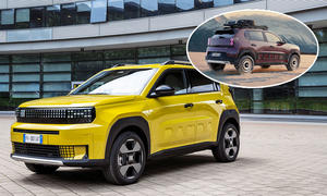 Der Fiat Grande Panda stehend von schräg hinten fotografiert, eingeklinkt die 4x4-Studie von schräg hinten.