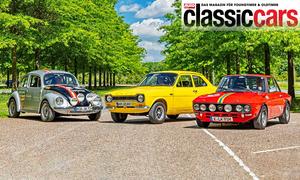 VW Käfer 1302 S, Ford Escort RS1600 und Lancia Fulvia stehend von vorne