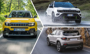 Der Jeep Avenger als Elektro (links), 4xe (oben rechts) und e-Hybrid.