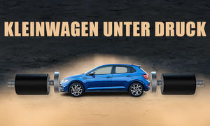 Kleinwagen unter Druck: Symbolbild zeigt VW Polo in einer Armpresse.