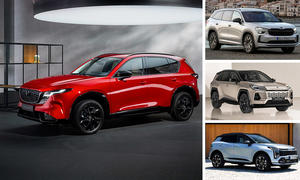 Eine Collage zeigt ein großes Fotos des Mazda CX-5 (2025) sowie kleine Fotos von Skoda Kodiaq, Toyota RAV4 und Kia Sportage.