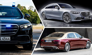 Die Mercedes S-Klasse als Standardmodell von schräg vorne (oben rechts), als Maybach von schräg hinten (unten rechts) und als Guard (Front).