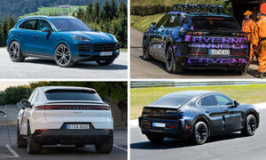 Collage zeigt den Porsche Cayenne Verbrenner als SUV und SUV-Coupé sowie den Porsche Cayenne Elektro als SUV und SUV Coupé.