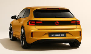 Eine KI-generierte Computerillustration zeigt, wie eine Neuauflage des VW Scirocco als Elektroauto aussehen könnte. Das Fahrzeug wird von schräg hinten gezeigt.